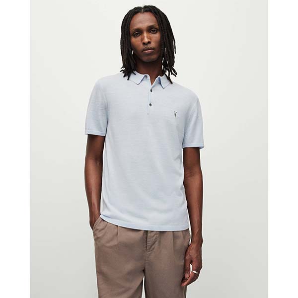 Allsaints Australia Mens Mode Merino Short Sleeve Polo Shirt Blue Marl AU26-657
